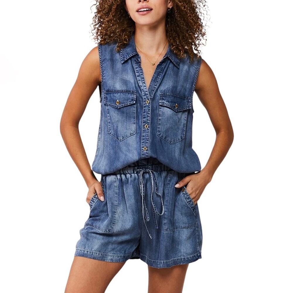 NWOT VELVET HEART Blue Denim Esma Sleeveless Button Front Romper